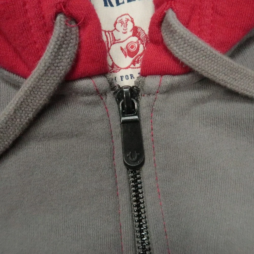 True Religion Hoodie Mens Medium Red Blue Chevron Full Zip Pockets Hooded Jacket